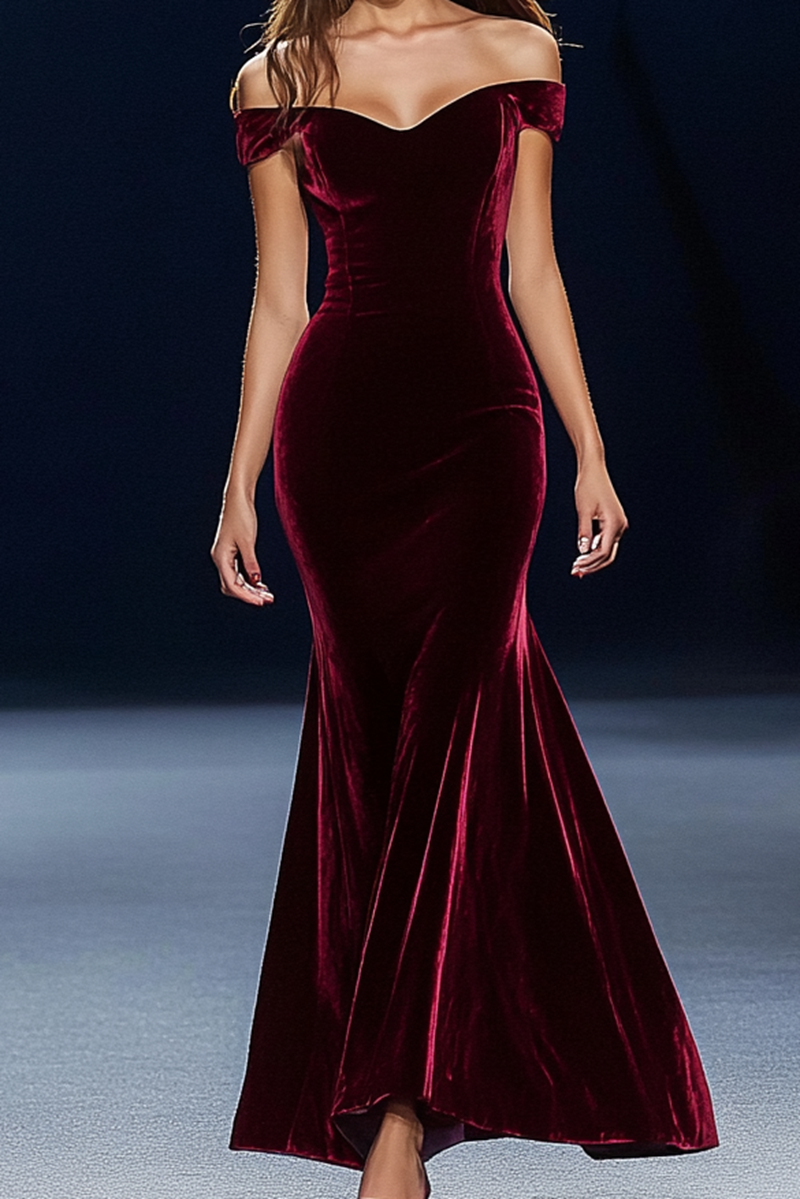 Evening Velvet Red Dress Off Shoulder Maxi Mermaid Dress