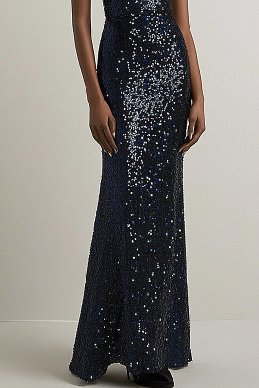 Formal Evening Sequins Dress Boat Neck Off Shoulder Black Maxi Dress