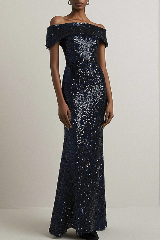 Formal Evening Sequins Dress Boat Neck Off Shoulder Black Maxi Dress