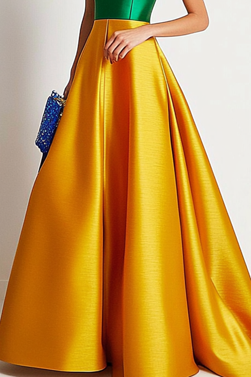 Evening Elegant Maxi Dress Yellow Green Block Satin Simplicity Ball Gown
