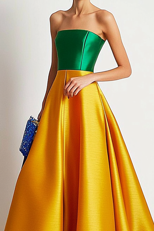 Evening Elegant Maxi Dress Yellow Green Block Satin Simplicity Ball Gown
