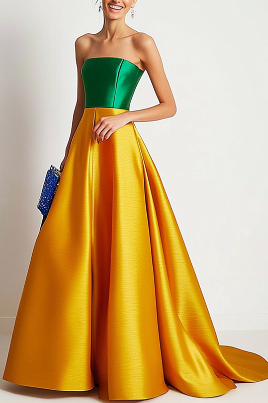 Evening Elegant Maxi Dress Yellow Green Block Satin Simplicity Ball Gown