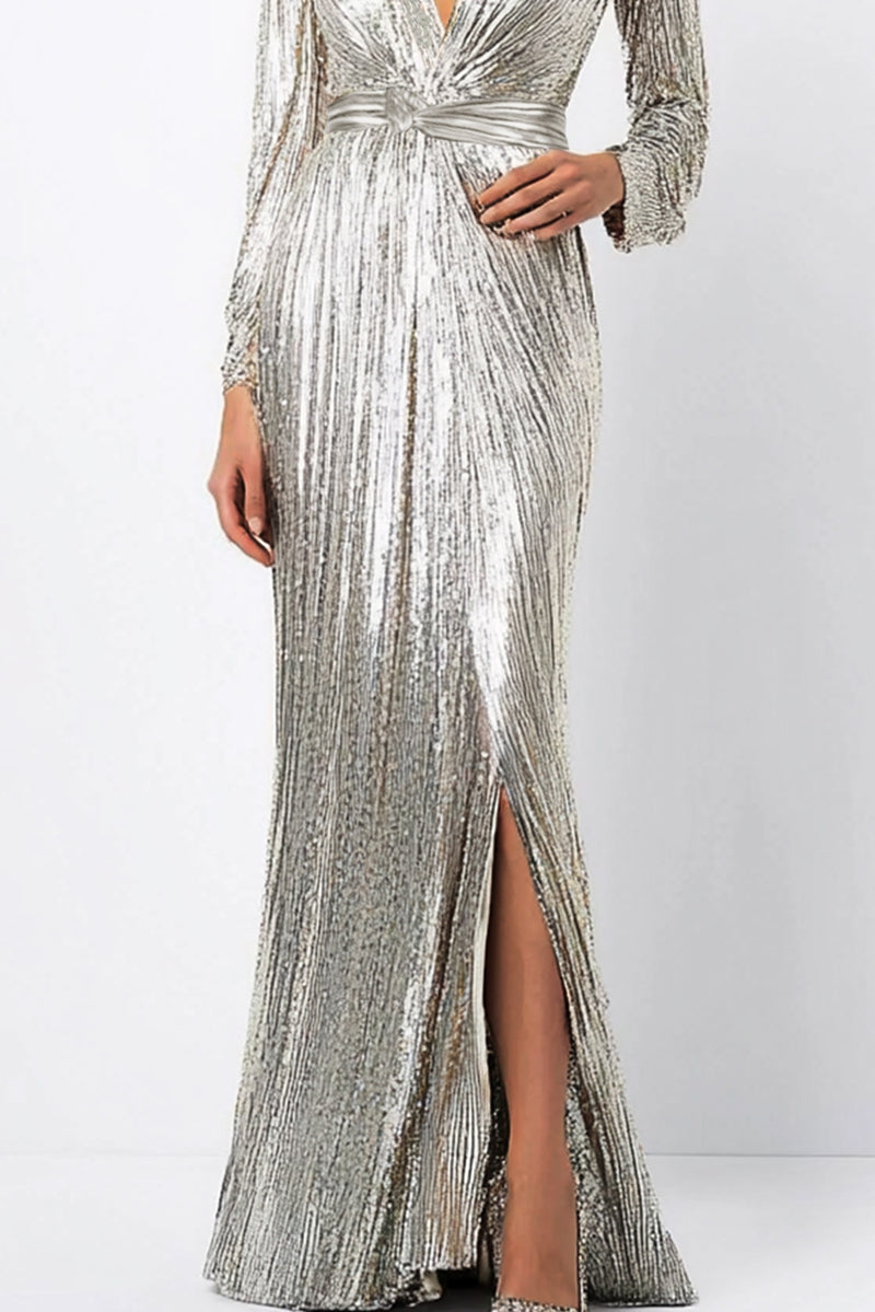 Formal Party  Dress Silver Glitter Sequins V Neck Maxi Dress   Mother of the Bride Dress