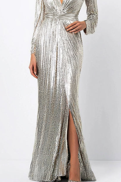 Formal Party  Dress Silver Glitter Sequins V Neck Maxi Dress   Mother of the Bride Dress