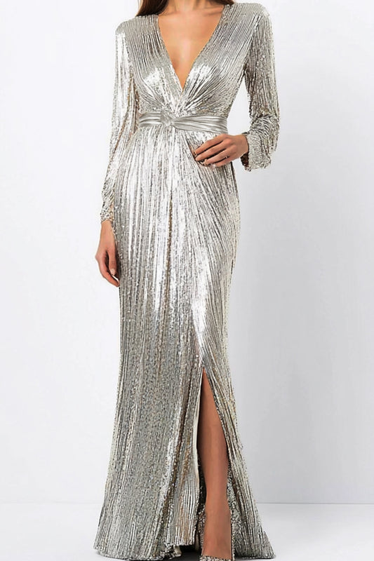 Formal Party  Dress Silver Glitter Sequins V Neck Maxi Dress   Mother of the Bride Dress