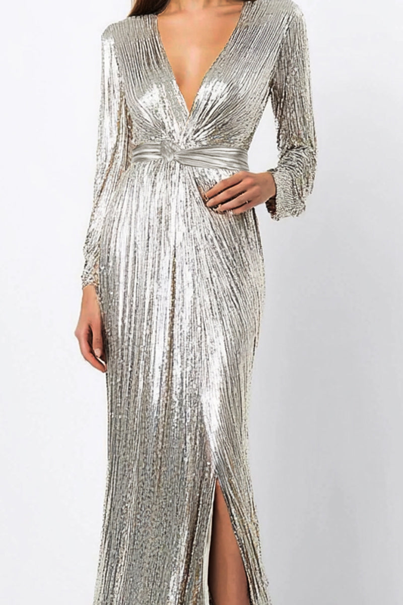 Formal Party  Dress Silver Glitter Sequins V Neck Maxi Dress   Mother of the Bride Dress