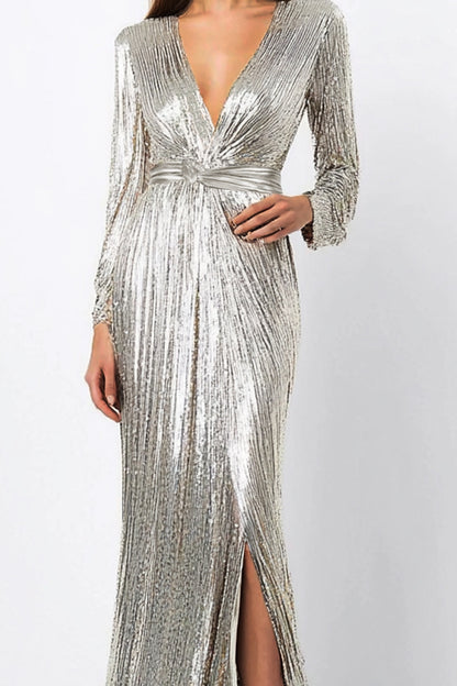 Formal Party  Dress Silver Glitter Sequins V Neck Maxi Dress   Mother of the Bride Dress
