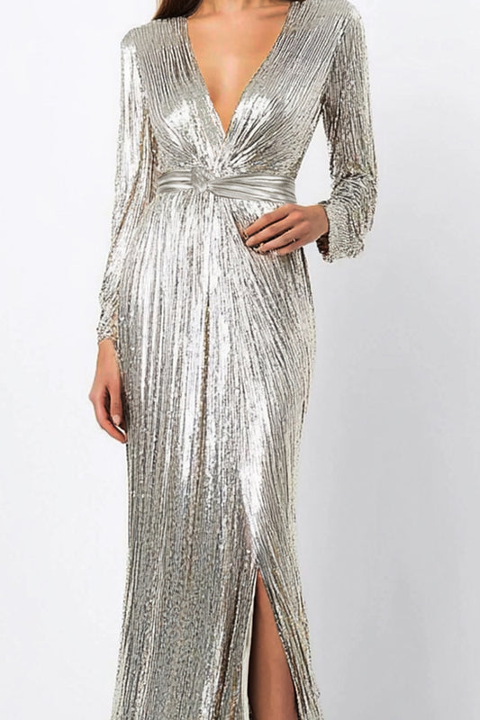 Formal Party  Dress Silver Glitter Sequins V Neck Maxi Dress   Mother of the Bride Dress
