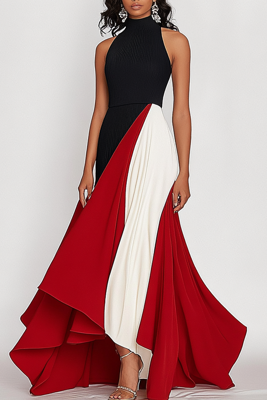 Elegant Formal Red Black Maxi Dress Sleeveless Hem Color Block Work Dress Mother of the Bride Dress