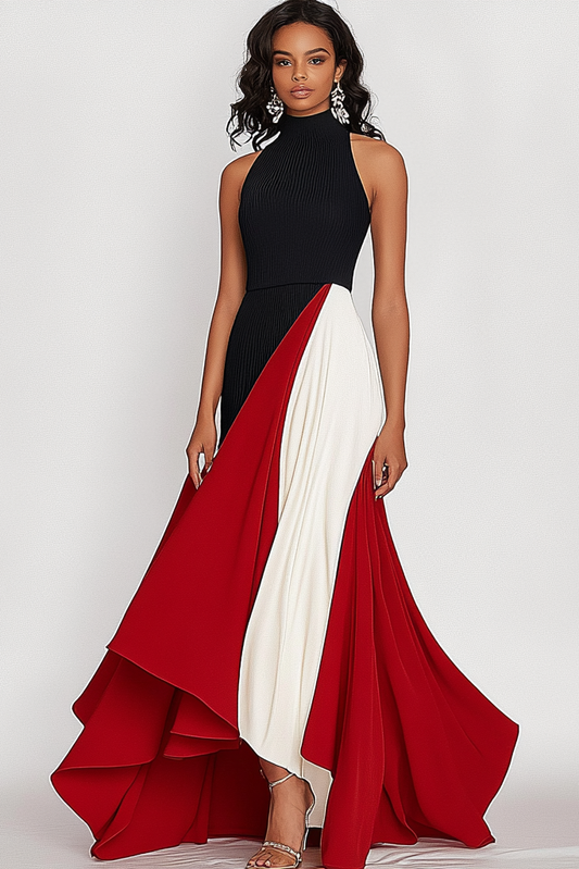 Elegant Formal Red Black Maxi Dress Sleeveless Hem Color Block Work Dress Mother of the Bride Dress