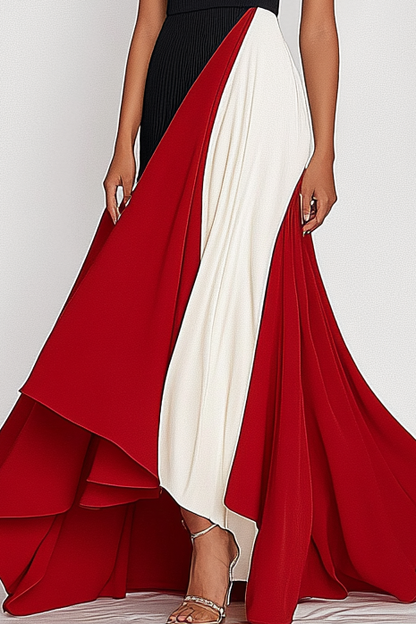 Elegant Formal Red Black Maxi Dress Sleeveless Hem Color Block Work Dress Mother of the Bride Dress
