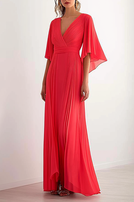 Daily Vacation Red Maxi Dress Flare Sleeve V Neck Romantic Dress