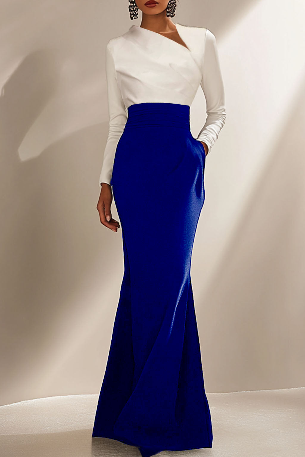 Evening Formal Elegant Dress Long Sleeve  Black White Maxi Dress