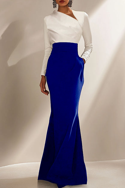Evening Formal Elegant Dress Long Sleeve  Black White Maxi Dress