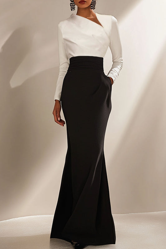 Evening Formal Elegant Dress Long Sleeve  Black White Maxi Dress