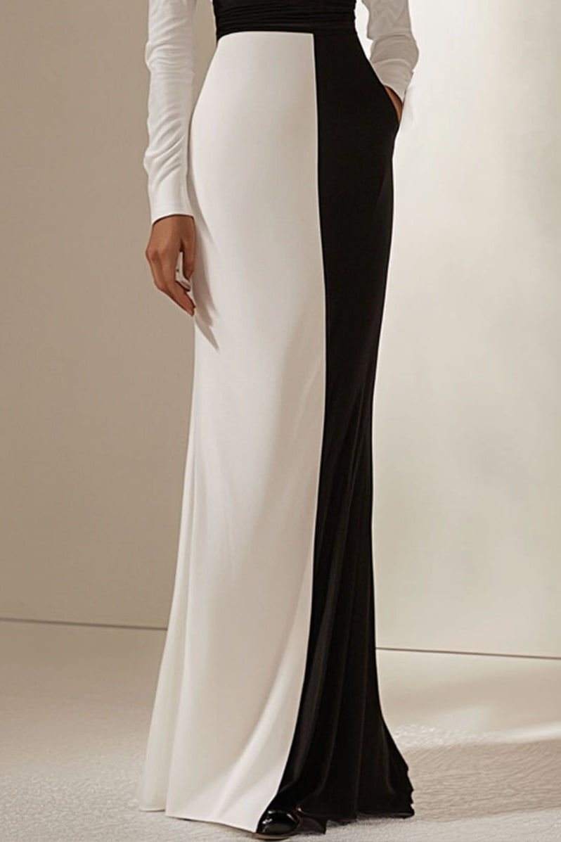 Formal Elegant Dress V Neck Long Sleeve Black White Floor-length Dress