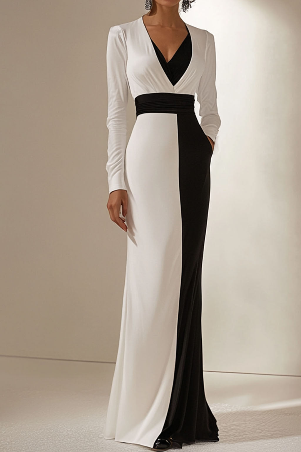 Formal Elegant Dress V Neck Long Sleeve Black White Floor-length Dress