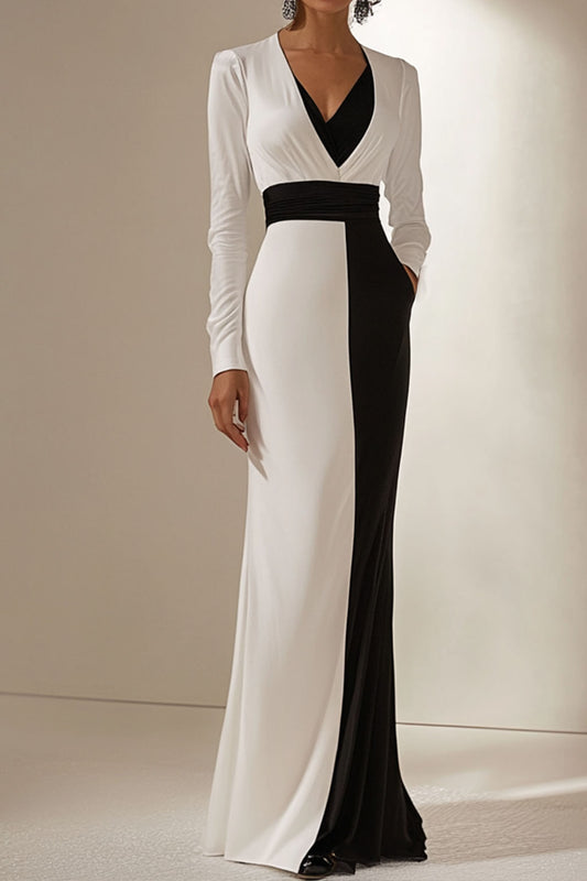 Formal Elegant Dress V Neck Long Sleeve Black White Floor-length Dress