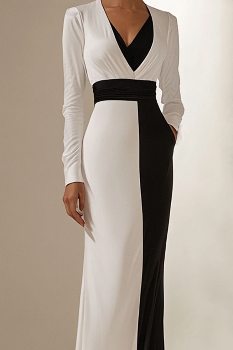 Formal Elegant Dress V Neck Long Sleeve Black White Floor-length Dress