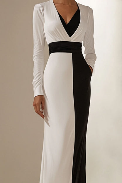 Formal Elegant Dress V Neck Long Sleeve Black White Floor-length Dress
