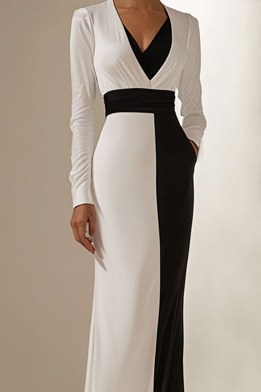 Formal Elegant Dress V Neck Long Sleeve Black White Floor-length Dress