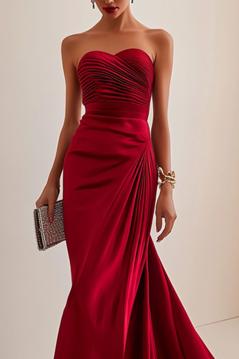 Elegant Formal Red Maxi Prom Dress Strapless Evening Gown