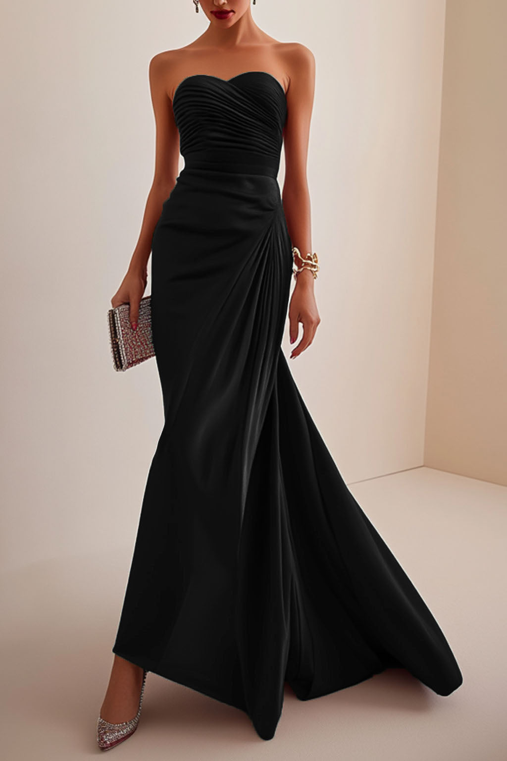 Elegant Formal Red Maxi Prom Dress Strapless Evening Gown