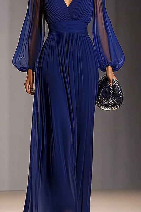 Daily Work Blue Mesh Dress V Neck Pleat Maxi Dress   Mother of the Bride Dress