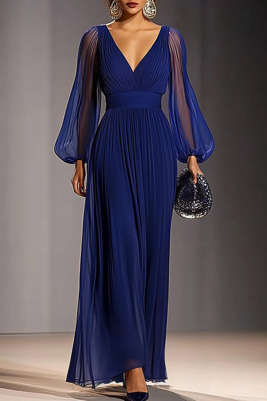 Daily Work Blue Mesh Dress V Neck Pleat Maxi Dress   Mother of the Bride Dress