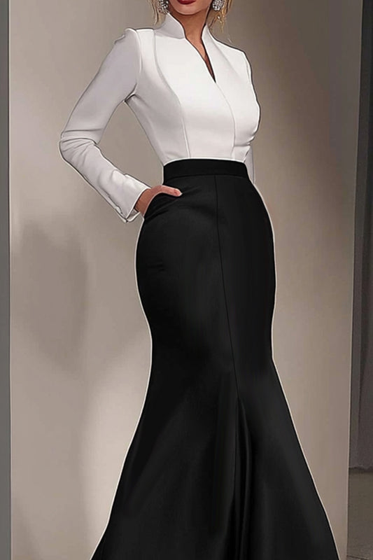 Elegant Formal Evening Dress V Neck Long Sleeve Black White Maxi Dress