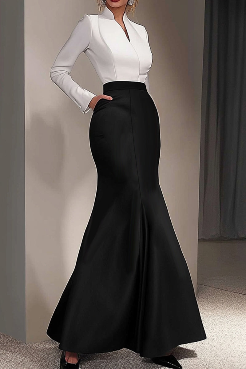 Elegant Formal Evening Dress V Neck Long Sleeve Black White Maxi Dress