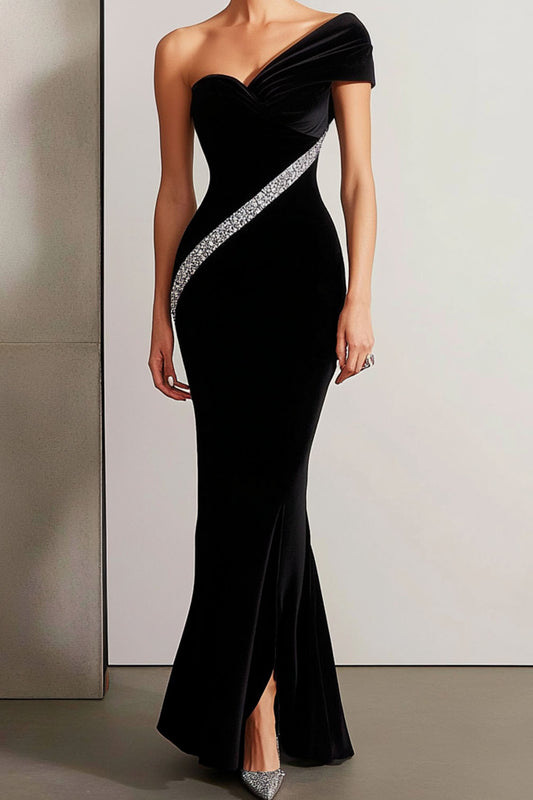 Evening Formal Mermaid Dress Rhinestone Velvet Maxi Dress