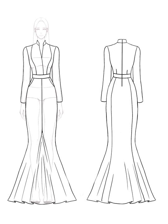 Elegant Formal Evening Dress V Neck Long Sleeve Black White Maxi Dress