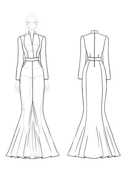 Elegant Formal Evening Dress V Neck Long Sleeve Black White Maxi Dress