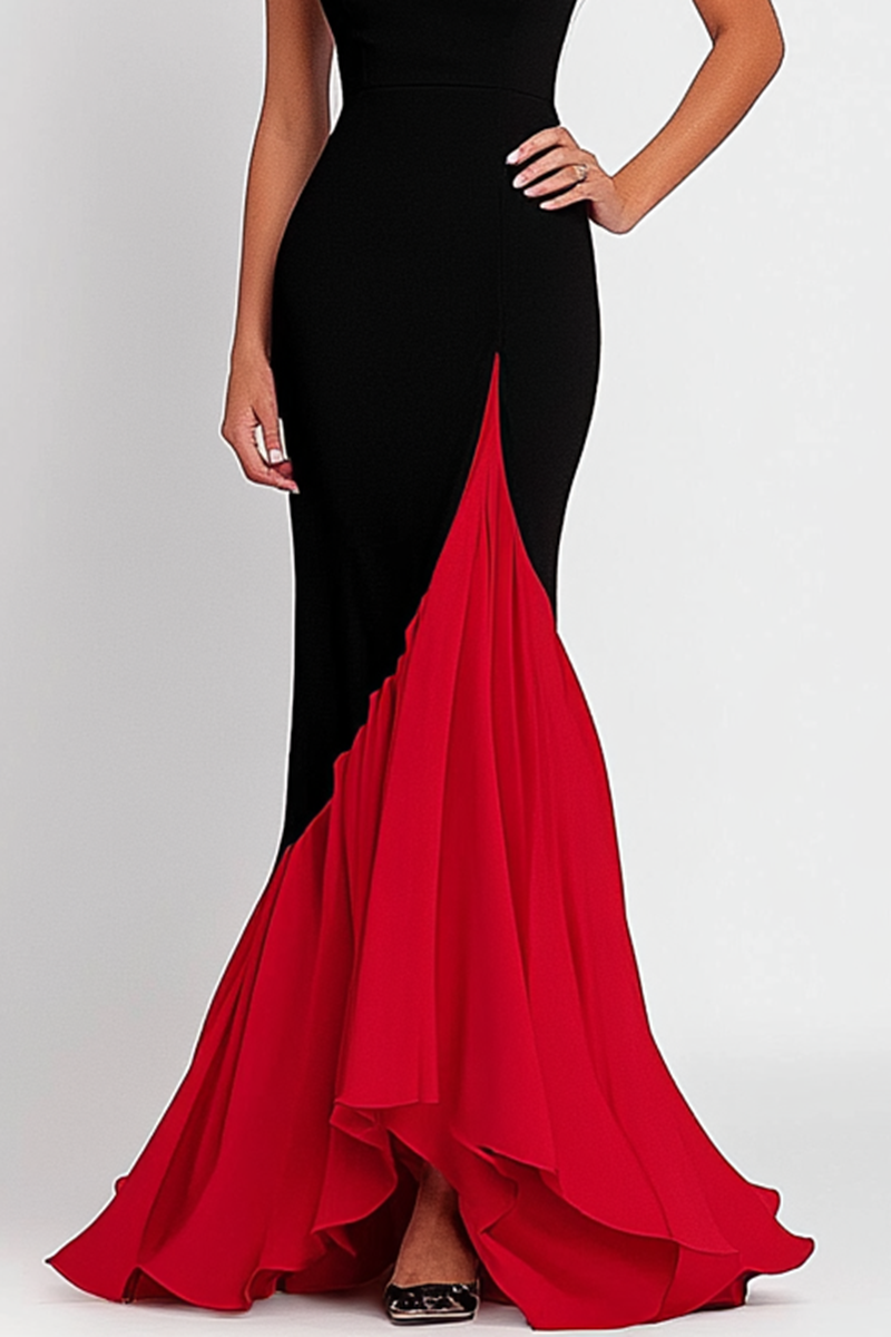 Elegant Formal Red Black Maxi Dress Sleeveless Hem Color Block Dress Mother of the Bride Dress