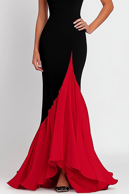 Elegant Formal Red Black Maxi Dress Sleeveless Hem Color Block Dress Mother of the Bride Dress