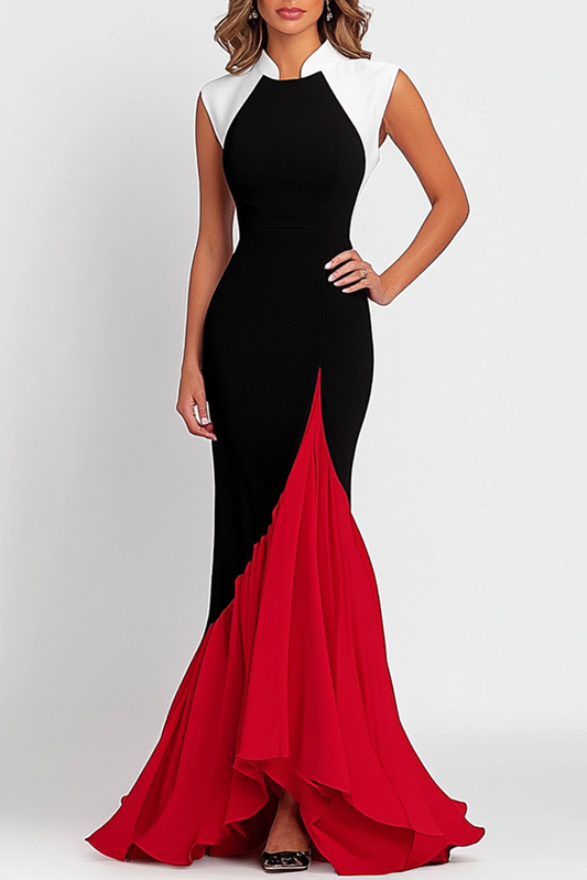 Elegant Formal Red Black Maxi Dress Sleeveless Hem Color Block Dress Mother of the Bride Dress