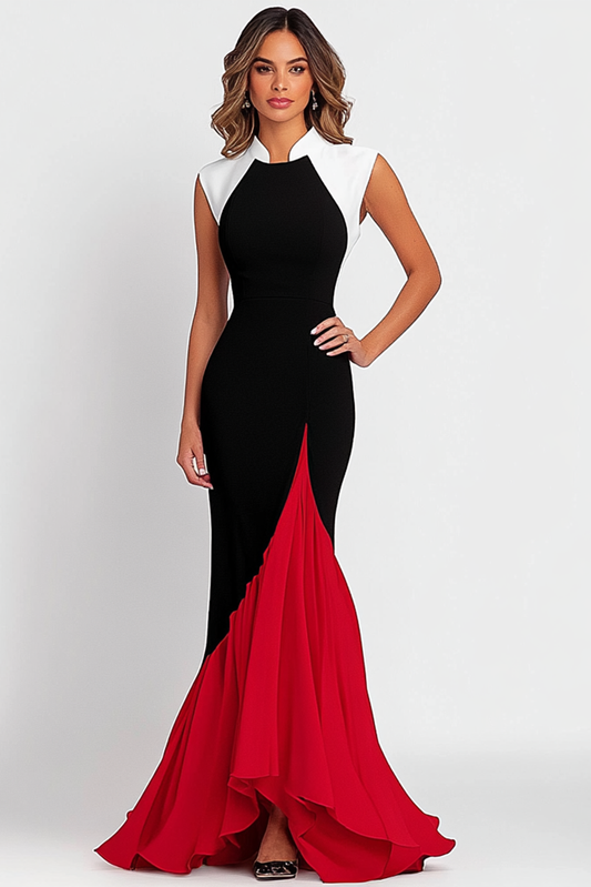 Elegant Formal Red Black Maxi Dress Sleeveless Hem Color Block Dress Mother of the Bride Dress