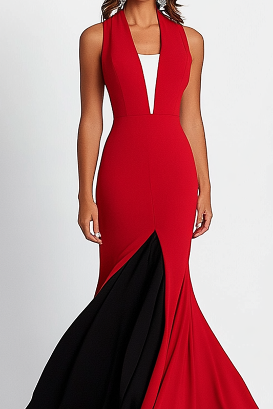 Formal Red Black Maxi Dress Sleeveless Hem Color Block Dress Mother of the Bride Dress