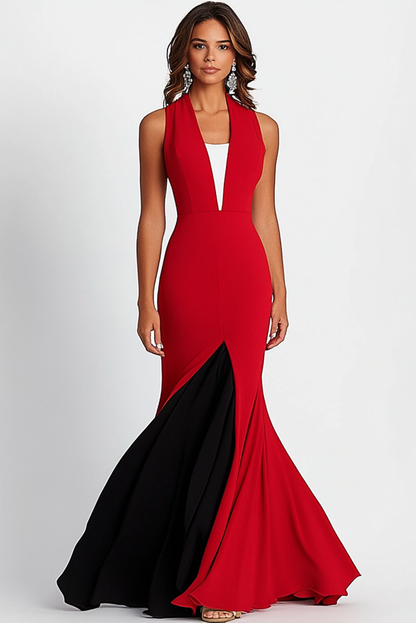 Formal Red Black Maxi Dress Sleeveless Hem Color Block Dress Mother of the Bride Dress