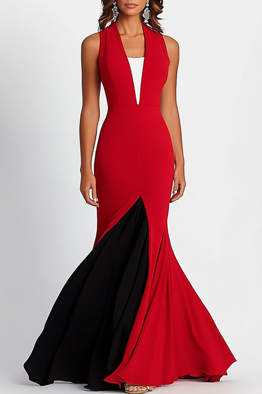 Formal Red Black Maxi Dress Sleeveless Hem Color Block Dress Mother of the Bride Dress