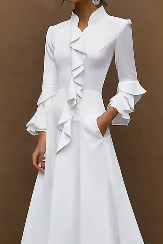 Elegant Work Dress Long Sleeve Business A Line Ruffle White Dress