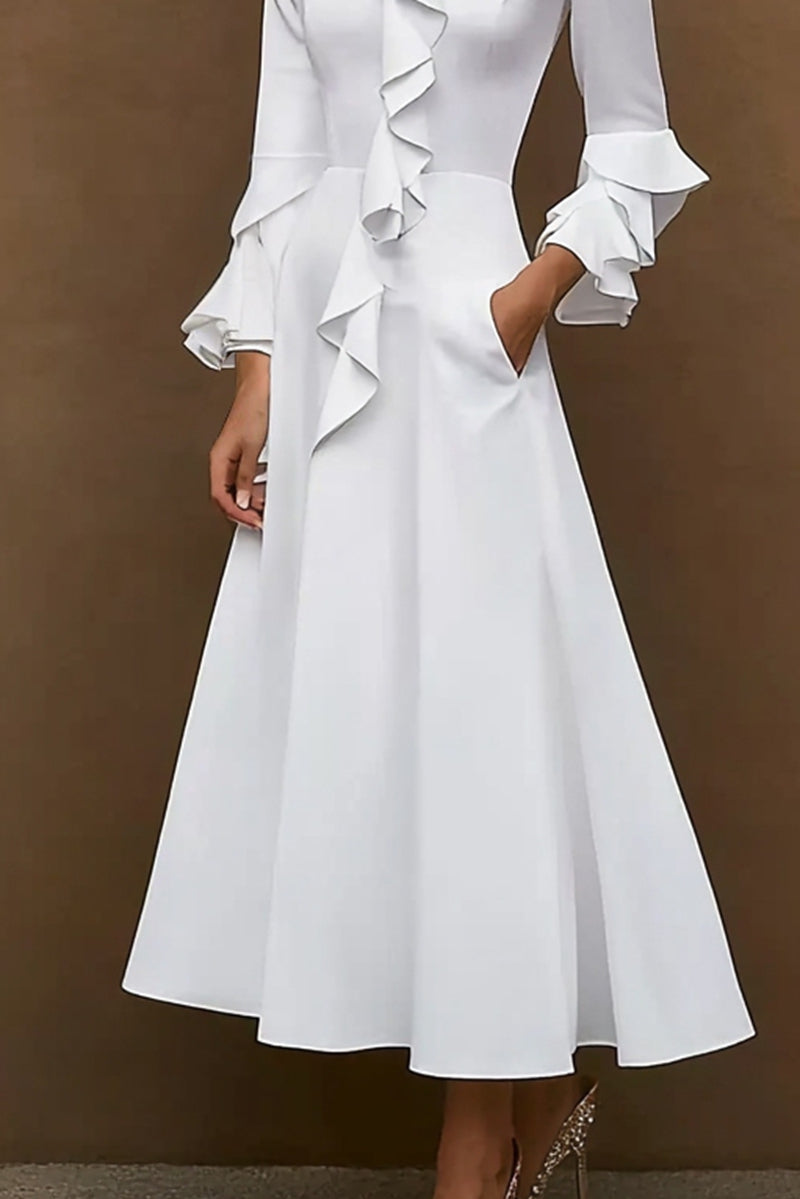 Elegant Work Dress Long Sleeve Business A Line Ruffle White Dress