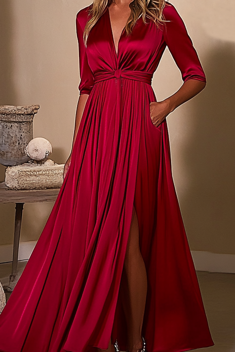 Elegant Formal Holiday Dress Red Satin Side Slit V-Neck Dress