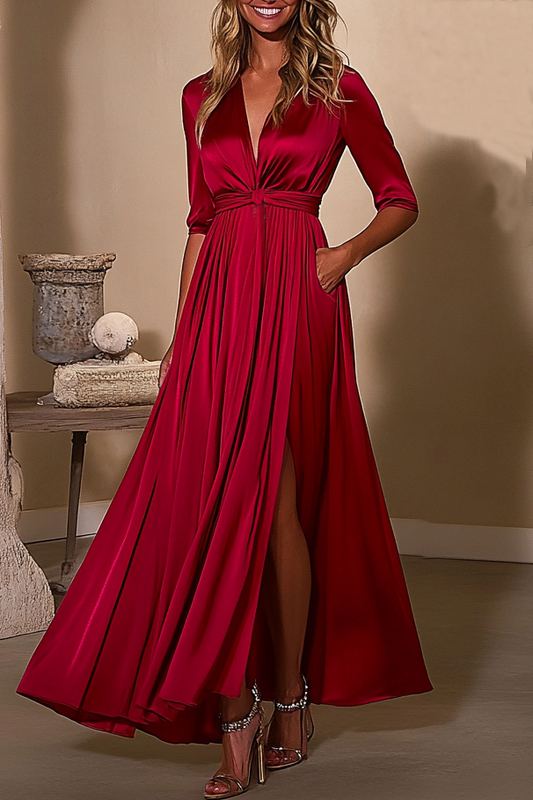 Elegant Formal Holiday Dress Red Satin Side Slit V-Neck Dress
