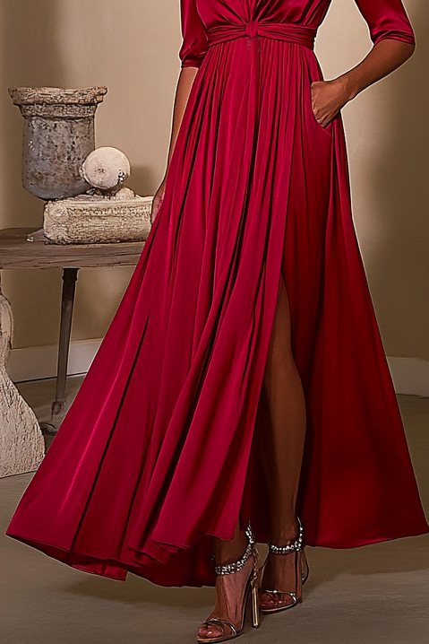 Elegant Formal Holiday Dress Red Satin Side Slit V-Neck Dress