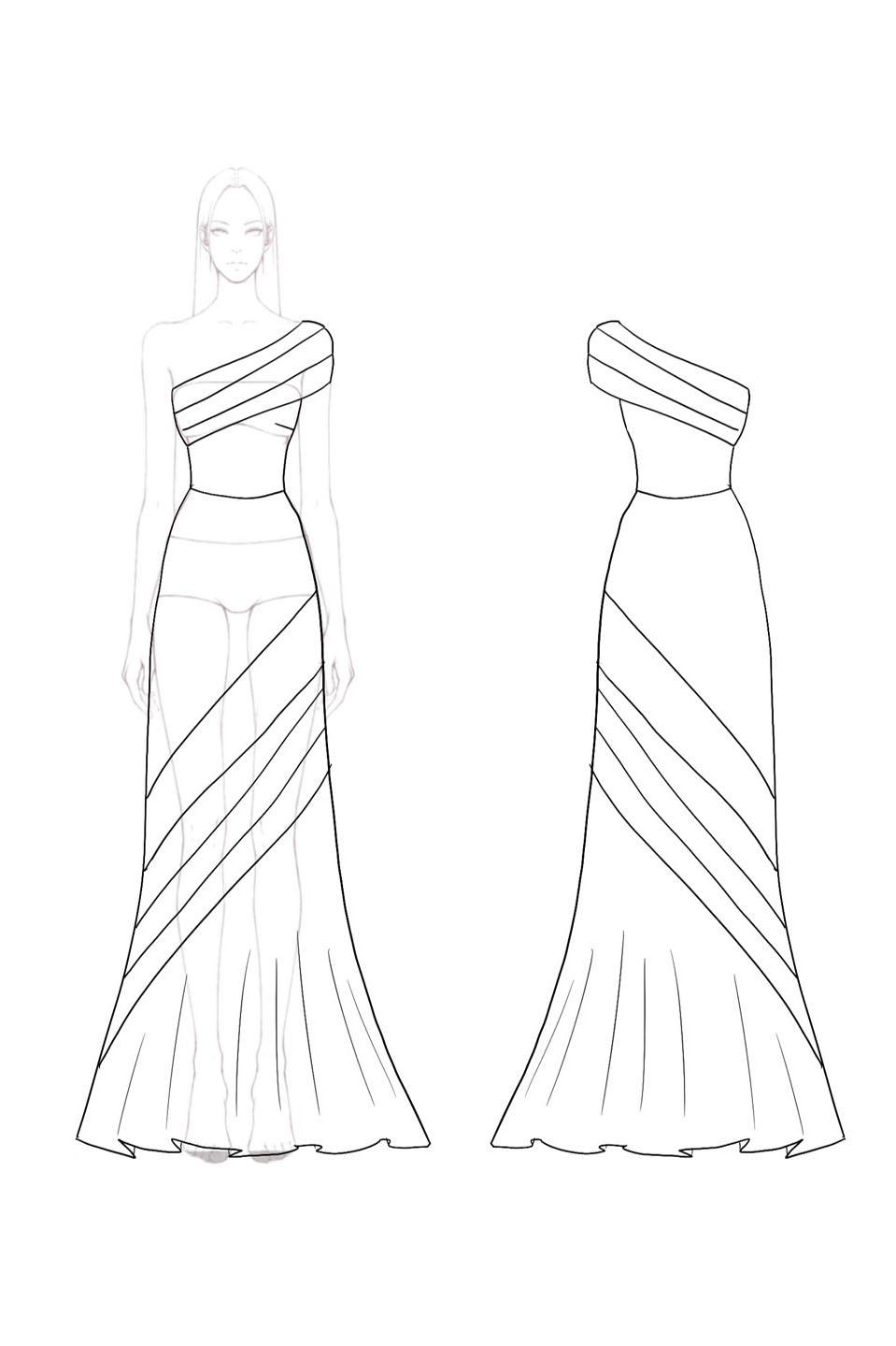 Formal Evening Gown One-Shoulder Black White Maxi Mermaid Dress