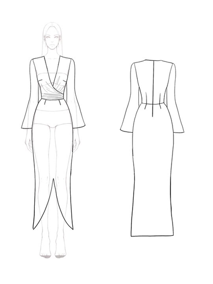 Elegant Bell Sleeves Work Long Dress Deep V Asymmetrical Hem Dress