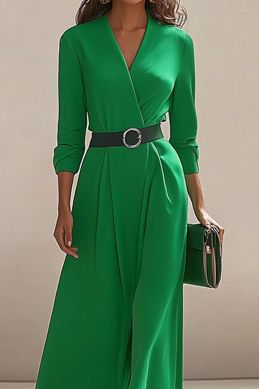 Elegant Work V-Neck Dress Long-Sleeve Green Casual Dress Mother of the Bride Dress