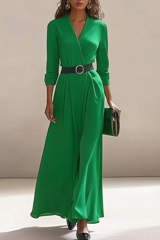 Elegant Work V-Neck Dress Long-Sleeve Green Casual Dress Mother of the Bride Dress